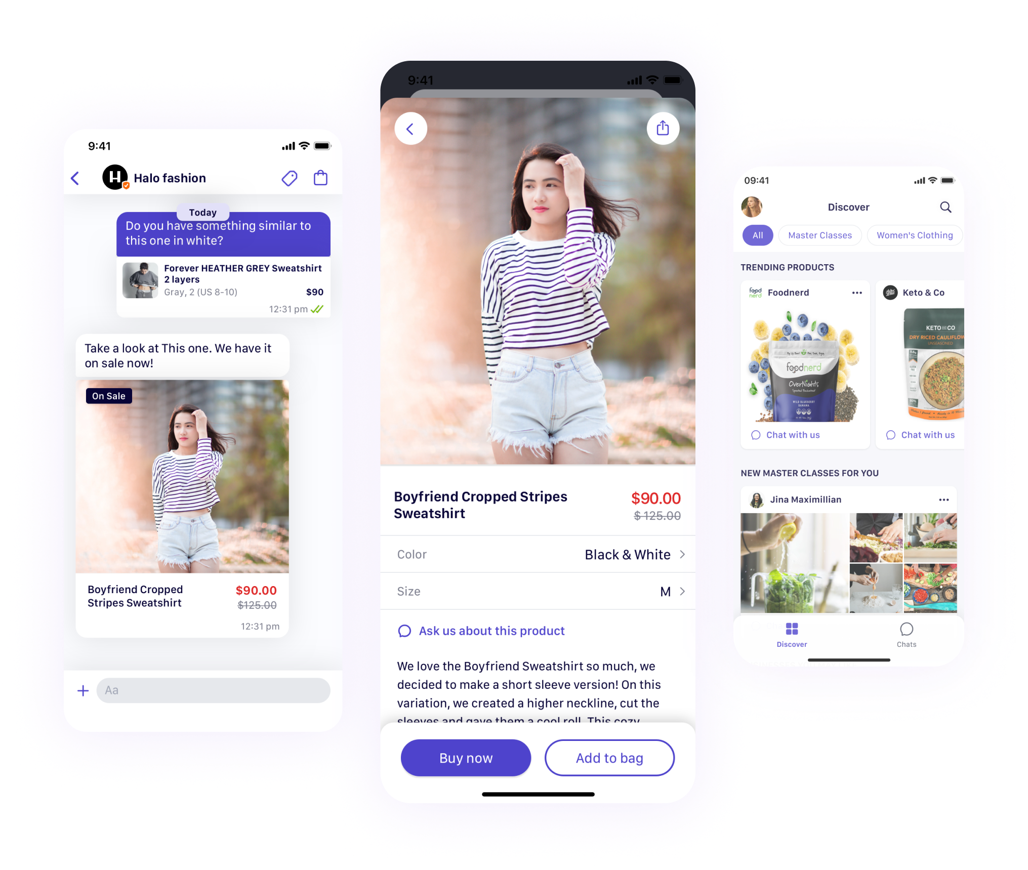 Maven Messenger screens showing browsing, product details, and conversation