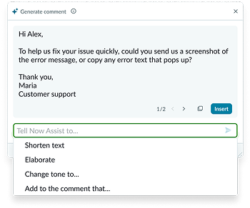 Generated comment with options to refine the response before inserting it.