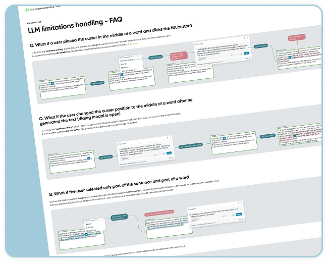 Design guidance for AI limitations, including cursor position, partial selections, and generated content that needs refinement.